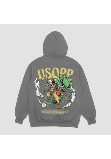 Unisex Gri Usopp Baskılı Hoodie Oversize Kapşonlu Sweatshirt Gri