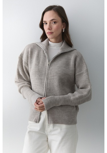 Koyu Bej Çift Fermuarlı Hırka - 251080 Koyu Bej