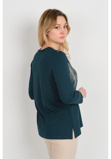 Detay Triko Kadın Taş İşlemeli Ve Desenli Bisiklet Yaka Uzun Kol Anne Bluz 5721 Zümrüt Zümrüt