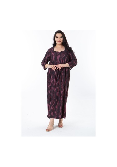 Kadın Büyük Beden Mürdüm Belden Büzgülü Kare Yaka Kapri Kollu Elbise 65n38247-mürdüm Mürdüm