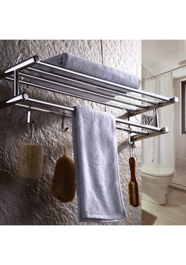 Novahub Çift Katmanlı Banyo Rafları, 4 Kancalı Havluluk, Duvara Monte, 23cm, Pratik Banyo Askısı Gümüş