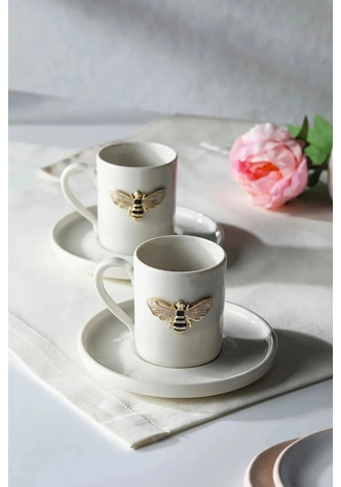 2 Kişilik Beyaz Porselen Arı Kahve Fincan Takımı Sunum Fincanı Beyaz