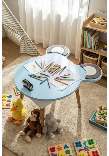 Çocuk Masası & Çocuk Sandalyesi Happy Face Sevimli Figürlü Set Mavi