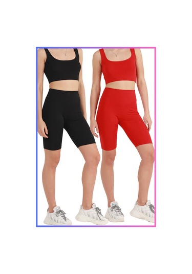 Kadın Yüksek Bel Toparlayıcı Şort Tayt Siyah & Kırmızı 2'li Paket Lycralı Biker Shorts 21071 Siyah - Kırmızı