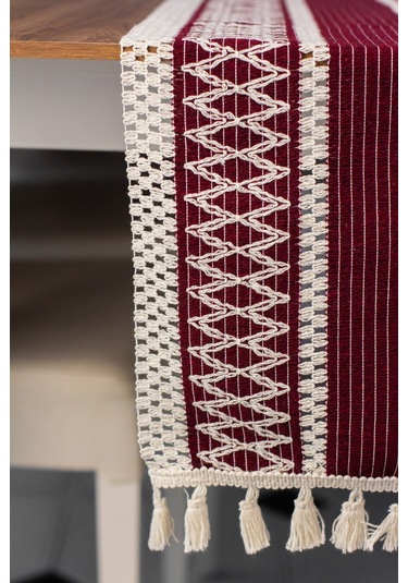 Pamuk Örme Püsküllü Dantel Bordo Runner 35x145