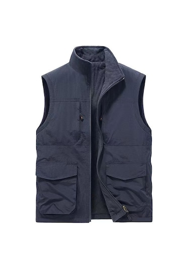 Snapbuy Kışlık Çift Taraflı, Çok Cepli, Bol Kesimli, Kalın Peluşlu Erkek Yeleği Lacivert