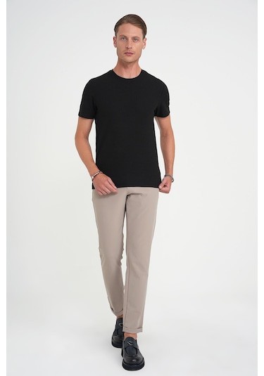 Comfort Fit Bisiklet Yaka Fitilli Kısa Kol Siyah Tişört Ts 912 Siyah