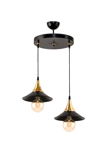 Dede İkili Embudo Tepsili Avize Gold Huni Japon Şapkalı Siyah2