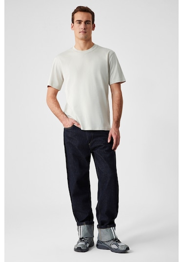 Grimelange Solo Erkek %100 Organik Pamuklu Kalın Dokulu Comfort Fit Bisiklet Yakalı Açık Bej T-shirt Açık Bej