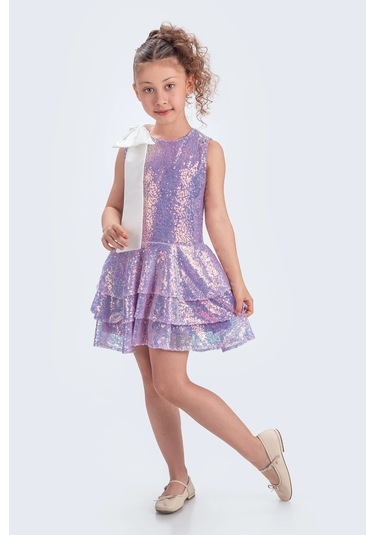 Etekli Şık Elbise Pullu 3 Kat Lila