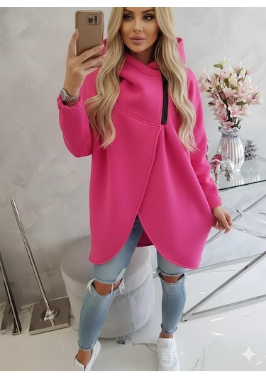 Pembe Kadın Asimetrik Fermuarlı Oversize Kapüşonlu Sweatshirt Kalın Kumaş Rahat Günlük Tarz Pembe