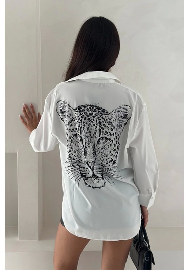 Aslan Desen Baskılı Taşlı Gömlek Gümüş Gümüş