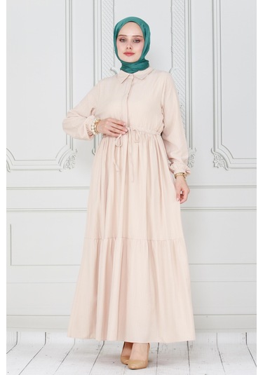 Gömlek Yaka Beli Tünelli Sare Elbise-bej-4074-bej Bej
