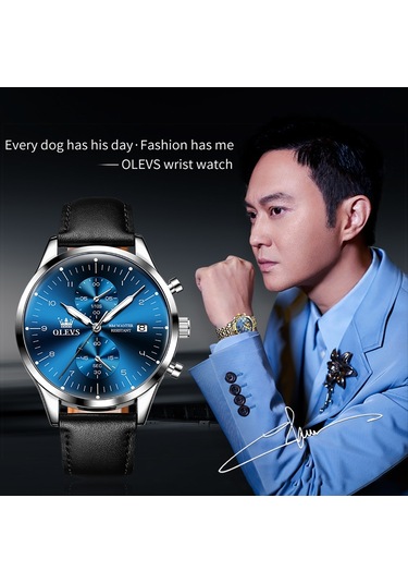 Olevs 2880 Erkekler Çok Fonksiyonlu İş Su Geçirmez Deri Kayış Kuvars İzle Mavi