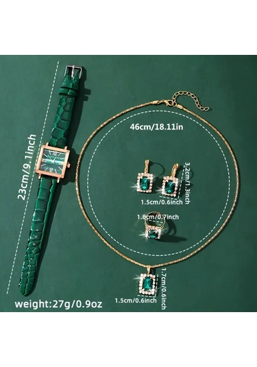 Kadın Vintage Kare Kuvars Saat Analog Ve Kolye+küpe+yüzük Takı S Yeşil