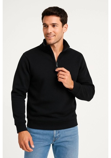 Erkek Dik Yaka Sweatshirt Dik Yaka Yarım Fermuarlı 3 İplik Şardonlu Pamuk Kumaş - Siyah Çok Renkli
