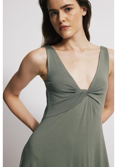 Askılı Açık Haki Midi Elbise