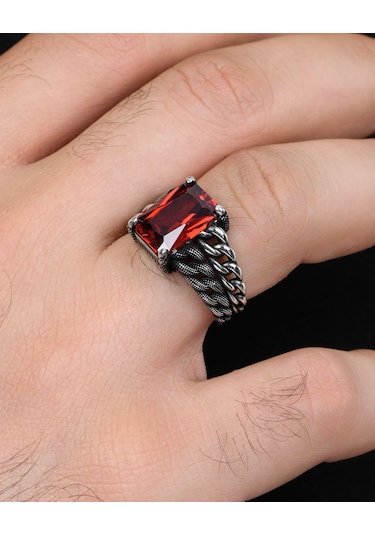 Prestij Gümüş Gemici Zincir Modeli Kırmızı Zirkon Taşlı 925 Ayar Gümüş Erkek Yüzüğü 800927