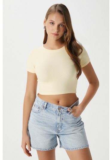 Kadın Deal Lux Touch Yumuşak Doku Crop Tereyağı Sarısı Bluz Tereyağı Sarısı