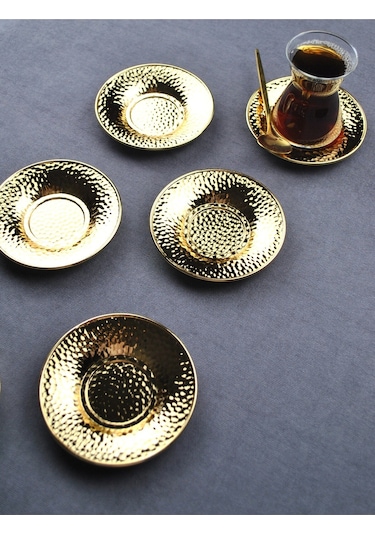 Qualitev 6 Adet Metal Çay Tabağı Dövme Desenli Çay Tabak 10 Cm Altın