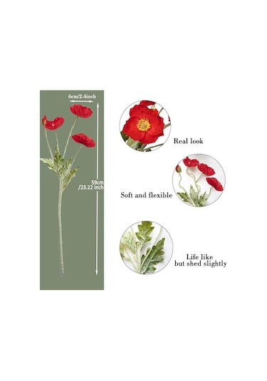Yapay Çiçek Gelincik Çiçeği Kırmızı Renk 3 Çiçek 1 Tomurcuk 59cm