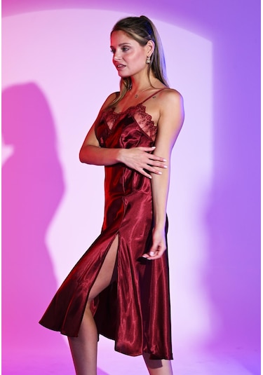 Violetta Secrets Bordo Dantelli Saten Gecelik Ve Sabahlık Takımı Bordo