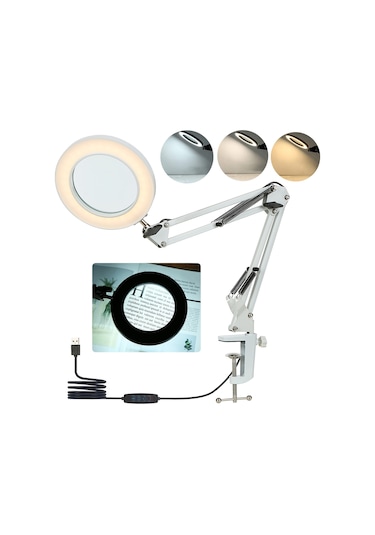 Neoglint Beyaz 8x Büyüteçli Neoglint Esnek Kelepçeli Masa Lambası