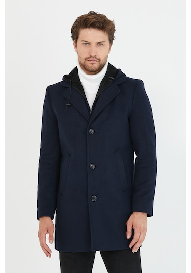 Erkek Lacivert Yün Karışımlı Kaşe Kapüşonlu Önü Fermuarlı Kaban Lacivert