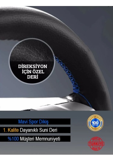 Dikişli Direksiyon Kılıfı Siyah Düz Mavi Dikiş Pedsiz Mavi
