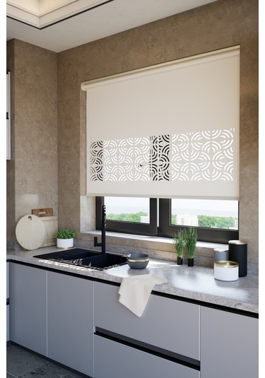 Lazer Kesim Mat Stor Perde, Lazer Kesimli Modern Serisi, M-171002 Ekru Renk Ekru