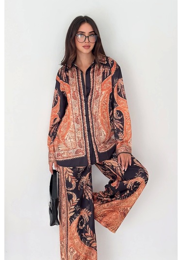 Saten Kumaş Desenli Alt-üst Takım Kahverengi