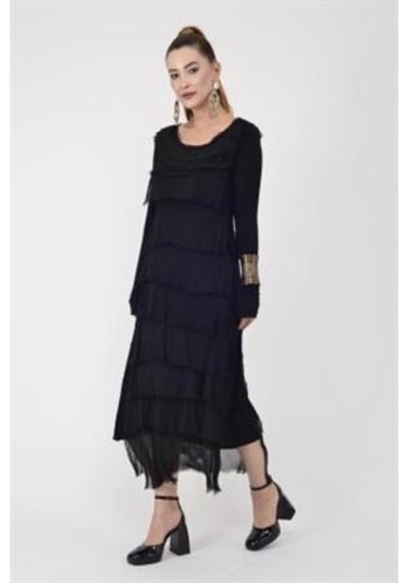 Italyan 2 Beden İnce Gösteren Kat Kat Uzun Kol Taşlanmış İpek Elbise-9189 Siyah