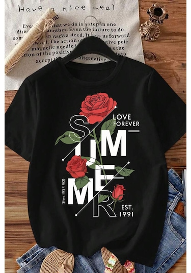 Spoyi Rose Forever Tasarımlı %100 Pamuk Yarım Oversize Siyah T-shirt
