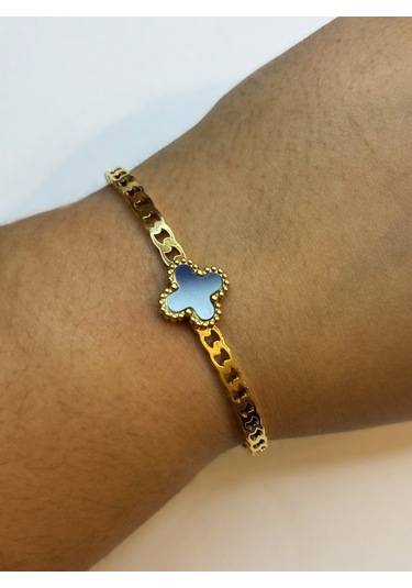 Kadın Tek Lacivert Renk Yonca Model Çelik Bilezik Gold