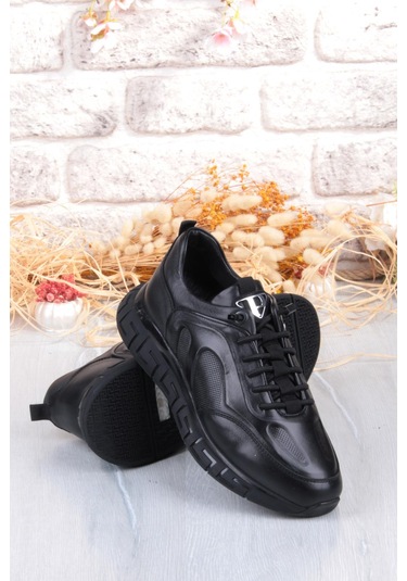 Pepita 6706 Rahat Lastik Bağçıklı Kauçuk Taban Hakiki Deri Erkek Ayakkabı Siyah