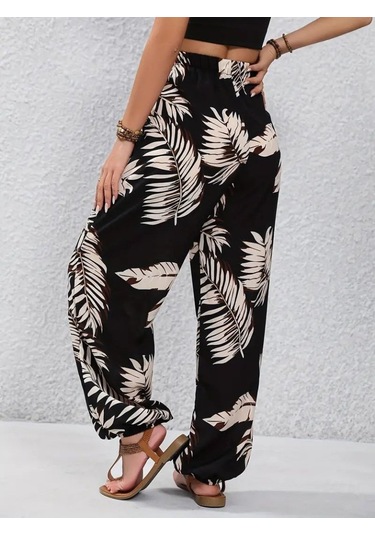 Gülsüm Aydın Kadın Yüksek Bel Bağcıklı Yaprak Desenli Süprem Pantolon Çok Renkli