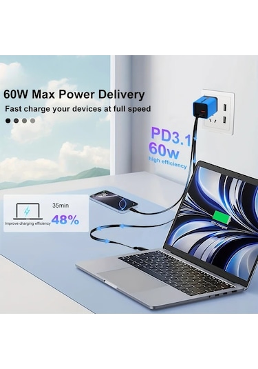 Elmpaly Sarı 65w Hızlı Şarj Cihazı 3 Cihaz Aynı Anda Şarj Hızlı Şarj Tip Çıkışı Taşınabilir