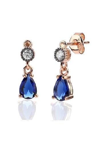 Elmas Montürlü Safir Damla Sallantılı Küpe _Rose