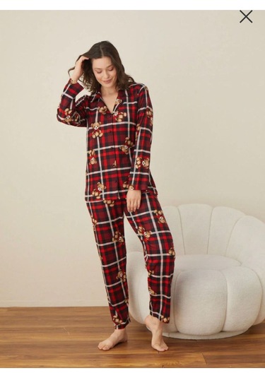 Boyraz Süet Düğmeli Uzun Kol Pijama Tk Kırmızı