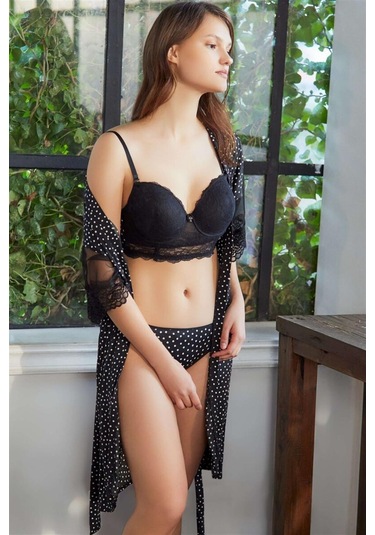 Anıl Puantiyeli Dantelli Sabahlık Balenli Destekli Dolgulu Askıları Çıkabilen Büstiyer Sütyen Ve Slip 3'lü Takım 4759 - Siyah