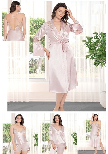 Alissa 8650 Kadın Çeyizlik Dantelli Saten 6'lı Set -pudra Pudra