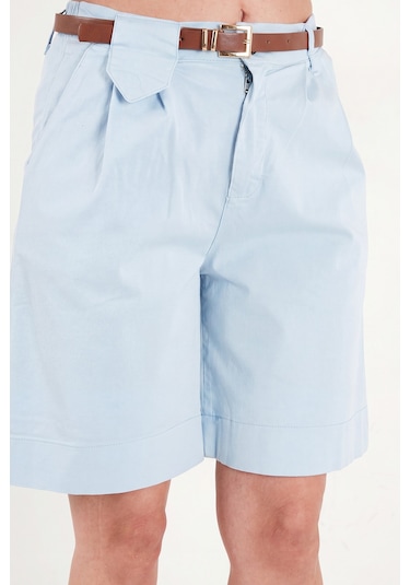 Lela Pamuklu Loose Fit Pileli Kemerli Bermuda Şort Bayan Şort 668yp5439 Mavi