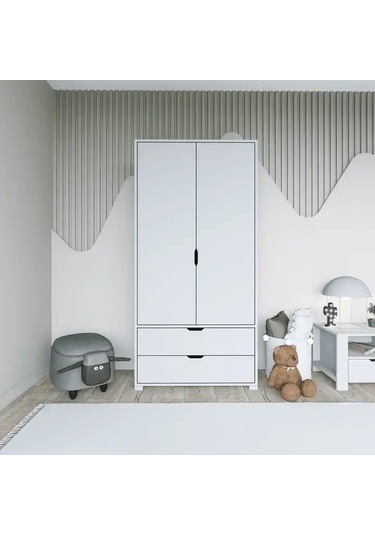 Duru 90 Cm Mat Beyaz 2 Kapılı 2 Çekmeceli Elbise Dolabı - Gardırop Beyaz