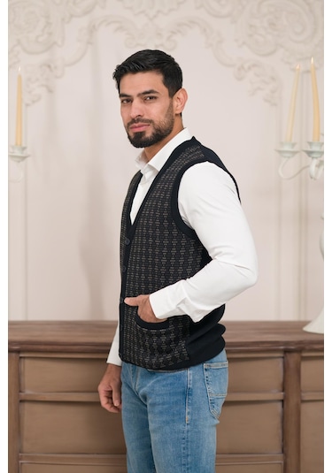Woolen World Regular Fit Ön Cepli Desenli Kolsuz Erkek Triko Yelek Lacivert