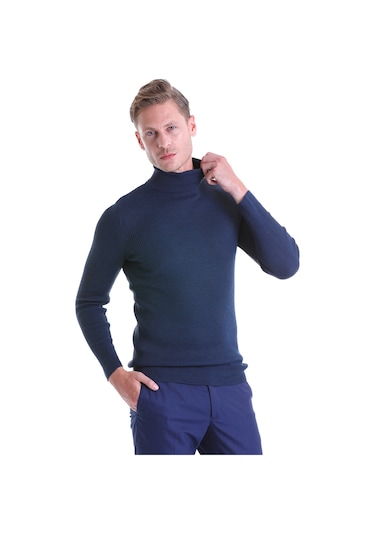 Hatemoğlu Indigo Regular Fit Düz Balıkçı Yaka Triko Yün Kazak İndigo