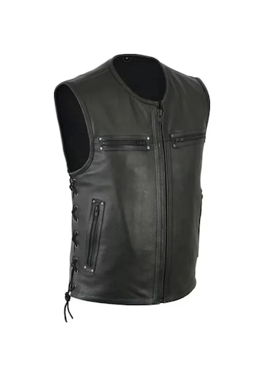 Cooper Hakiki Deri Yelek Yandan Bağcıklı Fermuar Kapamalı