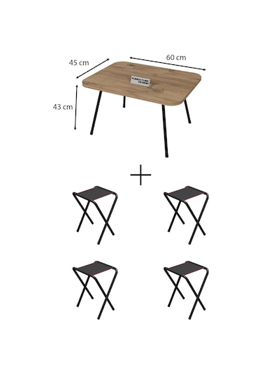 4 Adet Katlanır Kamp Taburesi Ve Katlanır Kamp Masası Seti 45x60 Kahverengi