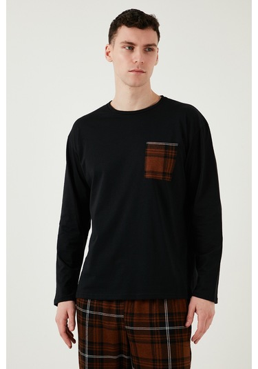 Buratti Ekoseli Cepli Beli Lastikli % 100 Pamuk Regular Fit Erkek Pijama Takımı 6572001 Siyah-Kahve