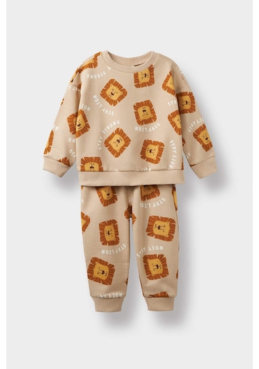 Defacto Erkek Bebek 2li Takım Desenli Sweatshirt Eşofman Altı F0214a525wnbg775 Bej