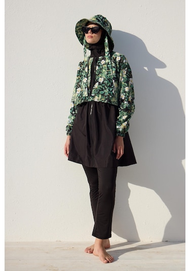 Manuka Rüzgarlıklı 3'lü Tesettür Mayo Takımı Yaprak Çok Renkli